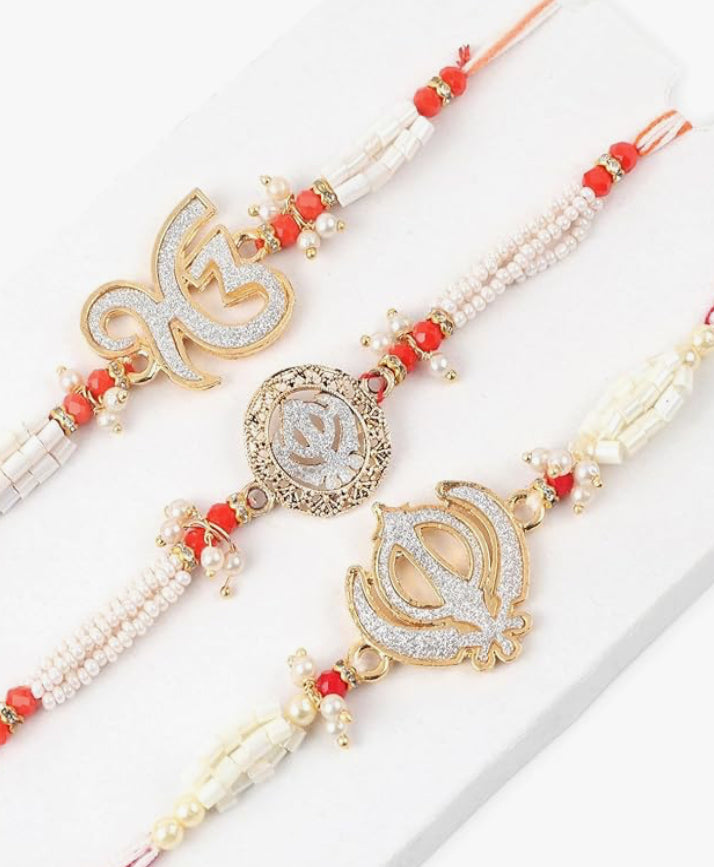 PUNJAB ART Rakhi for brother Bhaiya Bhabhi Gift Set of 3 Pcs Rakhi for family Raksha Bandhan Festival Rakhi for Bhaiya and Bhabhi, Indian designer latest Rakhi for bhai Thread bracelet (Design 1)