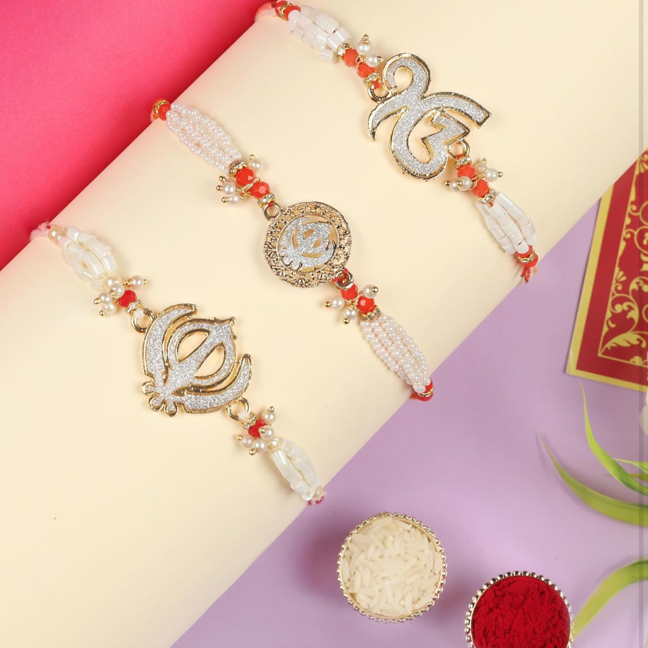 PUNJAB ART Rakhi for brother Bhaiya Bhabhi Gift Set of 3 Pcs Rakhi for family Raksha Bandhan Festival Rakhi for Bhaiya and Bhabhi, Indian designer latest Rakhi for bhai Thread bracelet (Design 1)